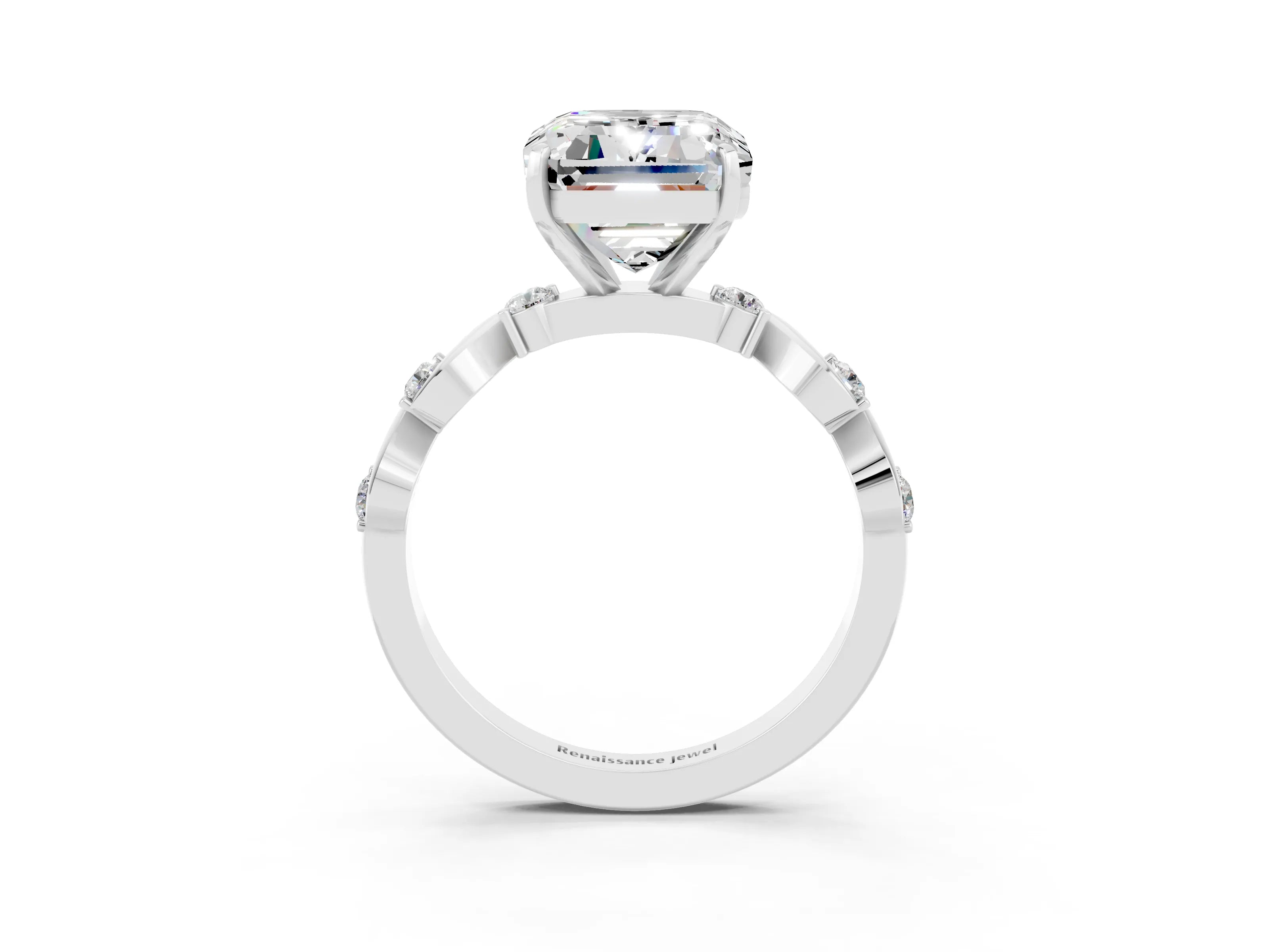 White gold Emerald Cut Moissanite Solitaire Twisted Band with Round  Accents and Prong Setting_15
