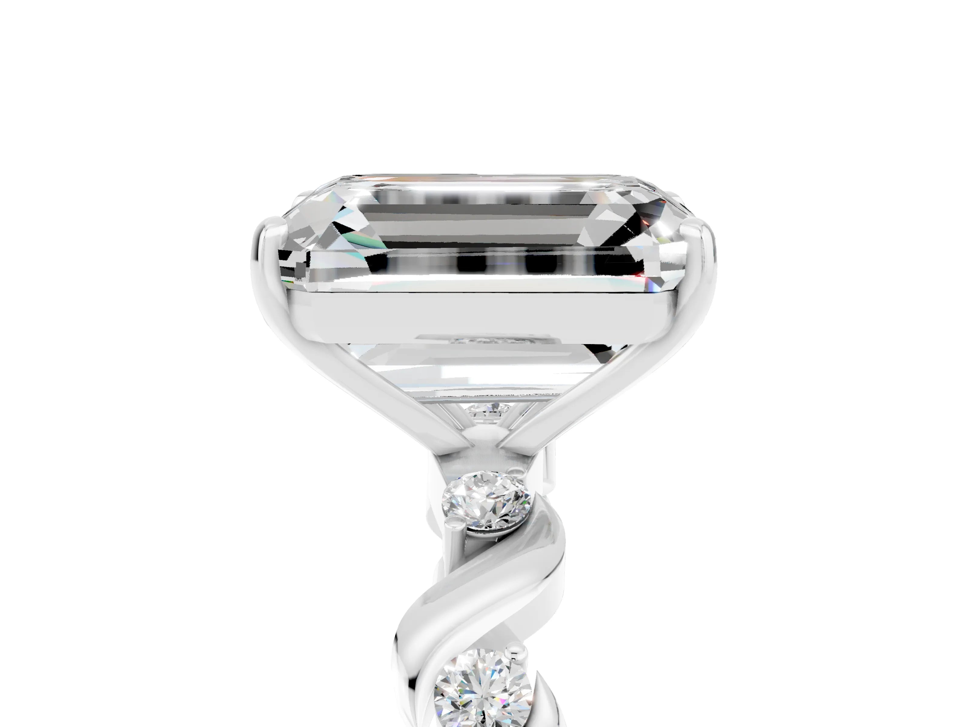 White gold Emerald Cut Moissanite Solitaire Twisted Band with Round  Accents and Prong Setting_17
