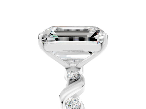 White gold Emerald Cut Moissanite Solitaire Twisted Band with Round  Accents and Prong Setting_17