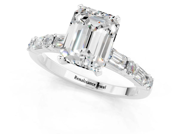White gold Emerald Cut Moissanite Solitaire with Side Baguettes and Channel Set Band