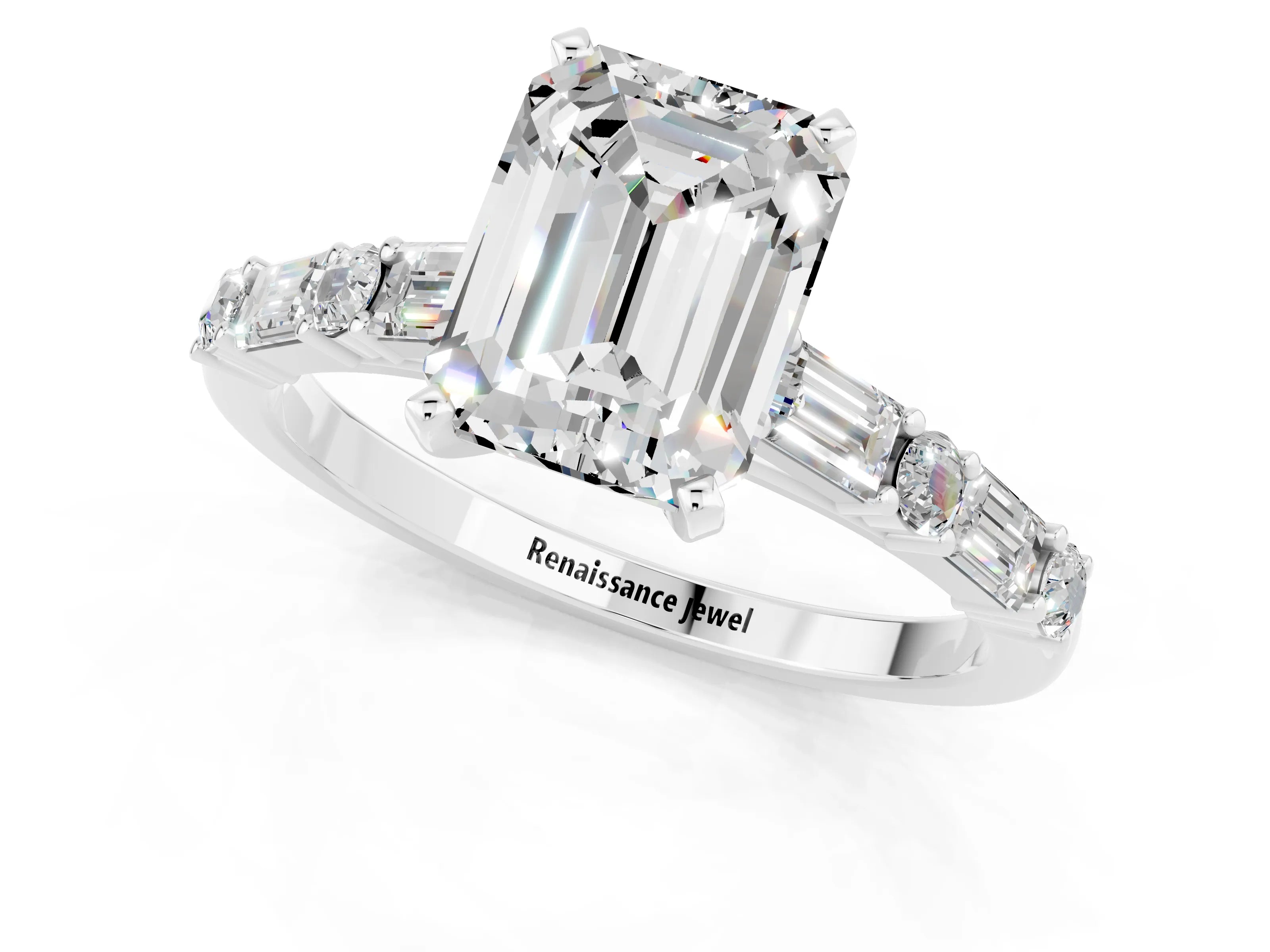 White gold Emerald Cut Moissanite Solitaire with Side Baguettes and Channel Set Band_1