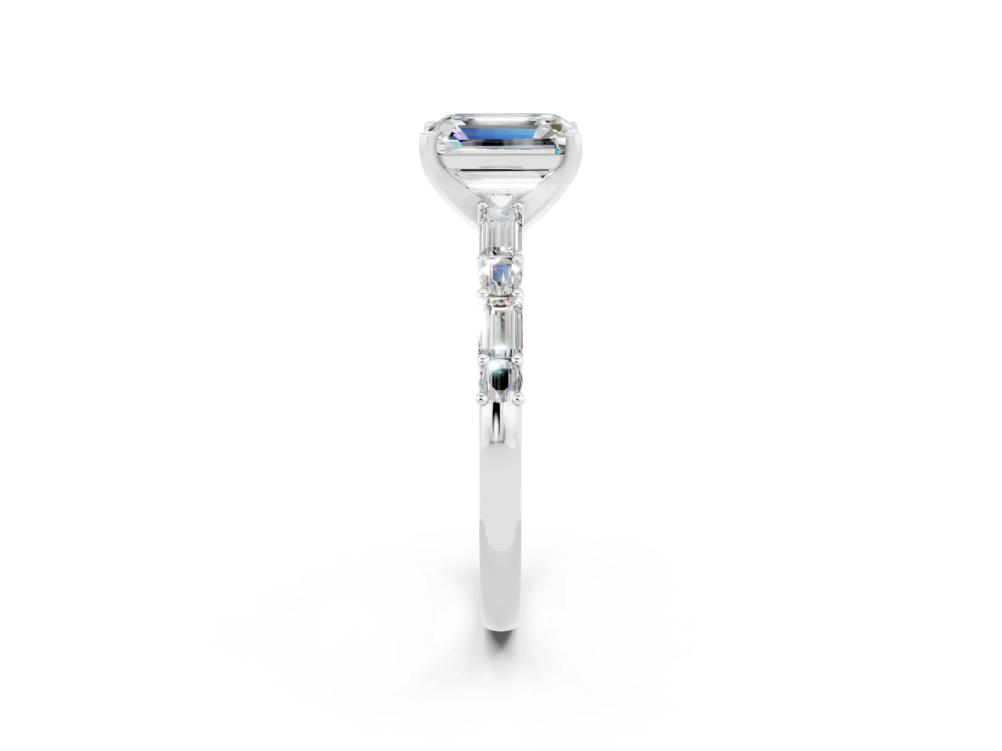 White gold Emerald Cut Moissanite Solitaire with Side Baguettes and Channel Set Band_2