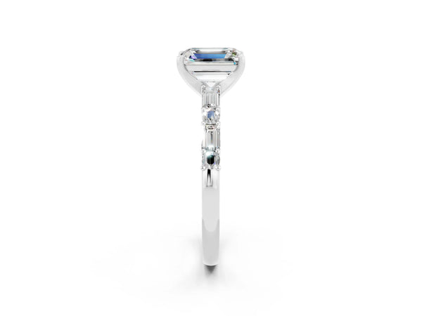 Silver Emerald Cut Moissanite Solitaire with Side Baguettes and Channel Set Band