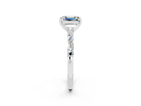 White gold Emerald Cut Moissanite Solitaire with Side Baguettes and Channel Set Band_2