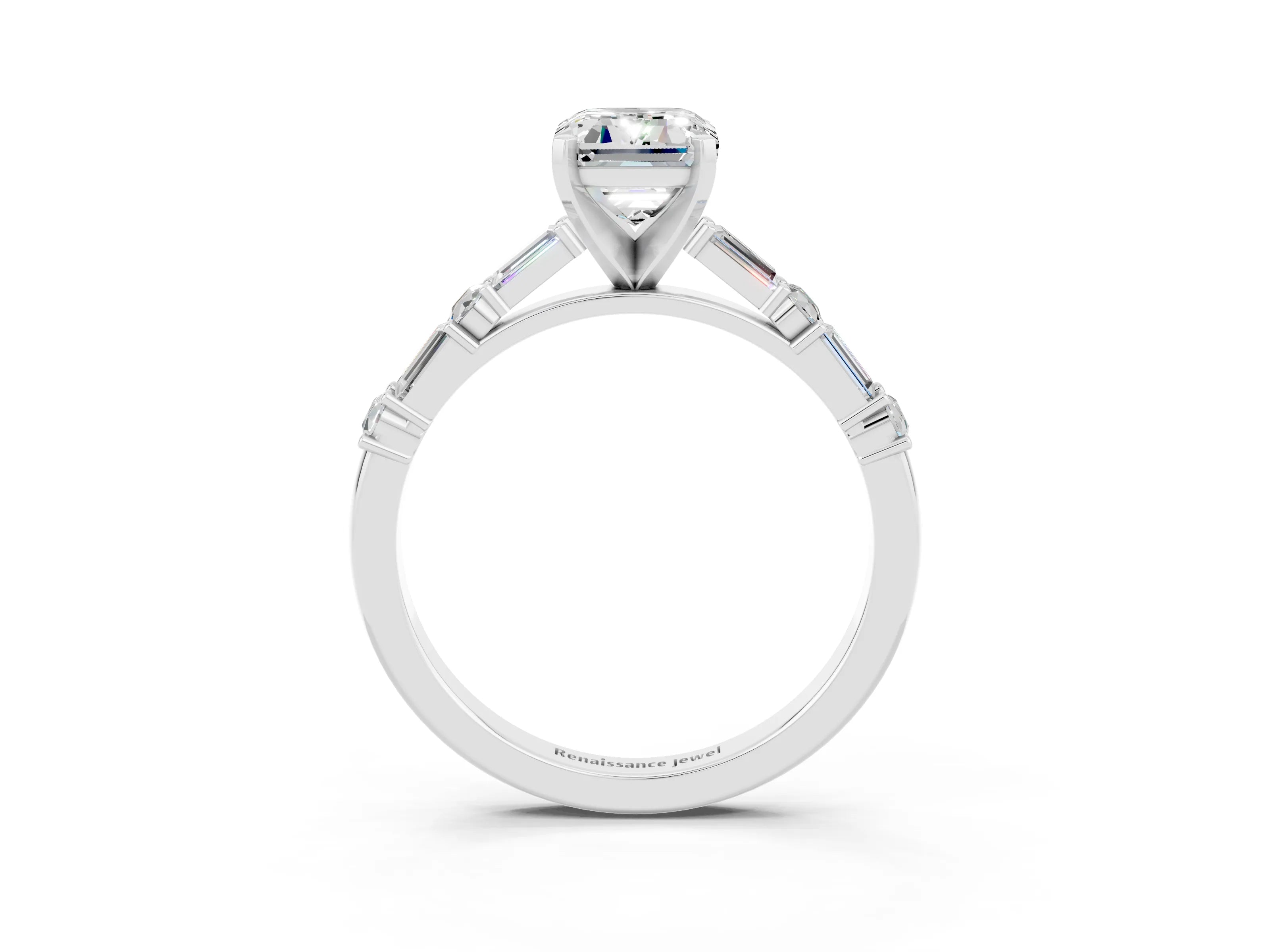 White gold Emerald Cut Moissanite Solitaire with Side Baguettes and Channel Set Band_3
