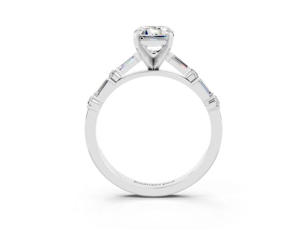 Platinum Emerald Cut Moissanite Solitaire with Side Baguettes and Channel Set Band