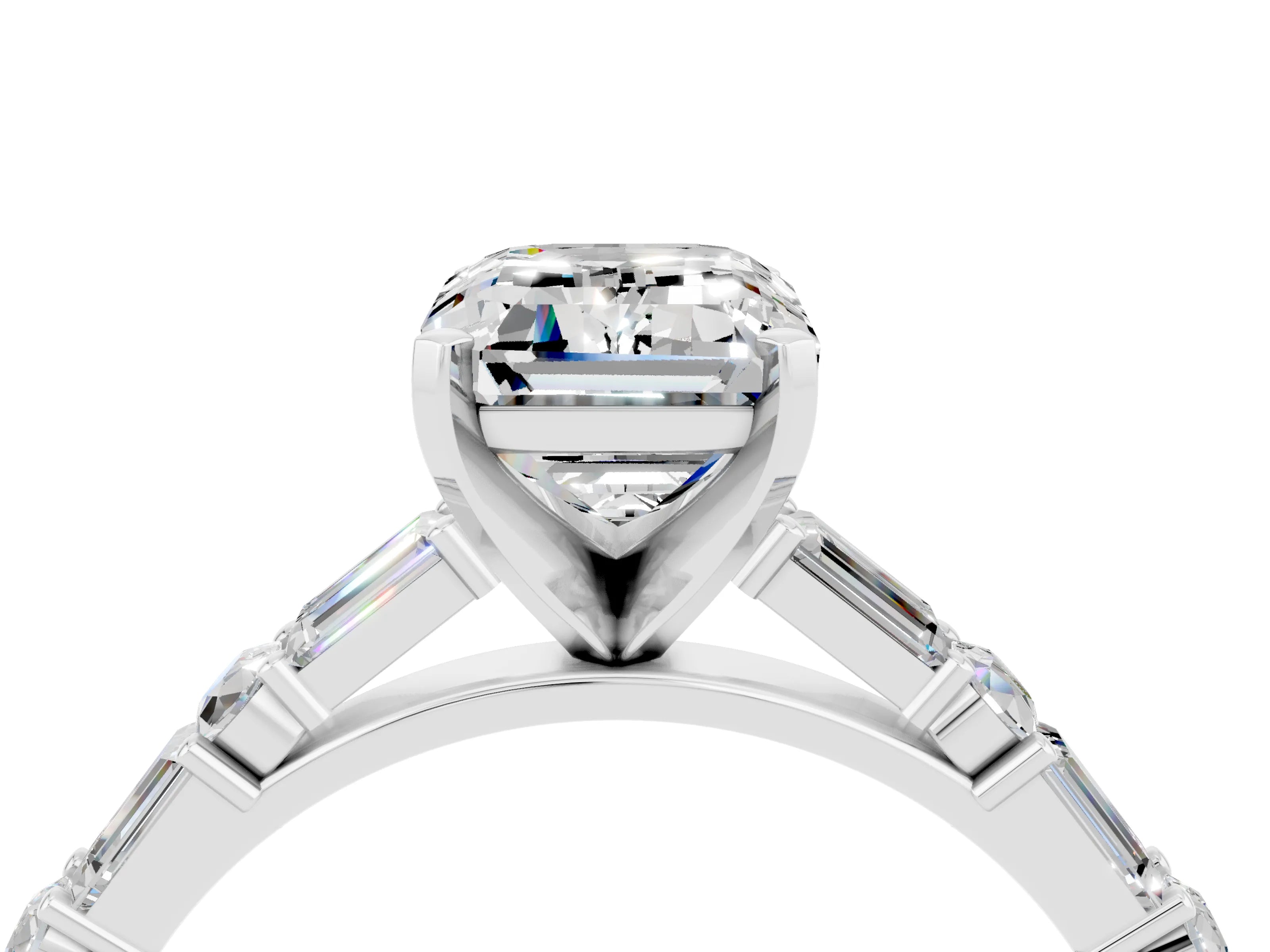 White gold Emerald Cut Moissanite Solitaire with Side Baguettes and Channel Set Band_4
