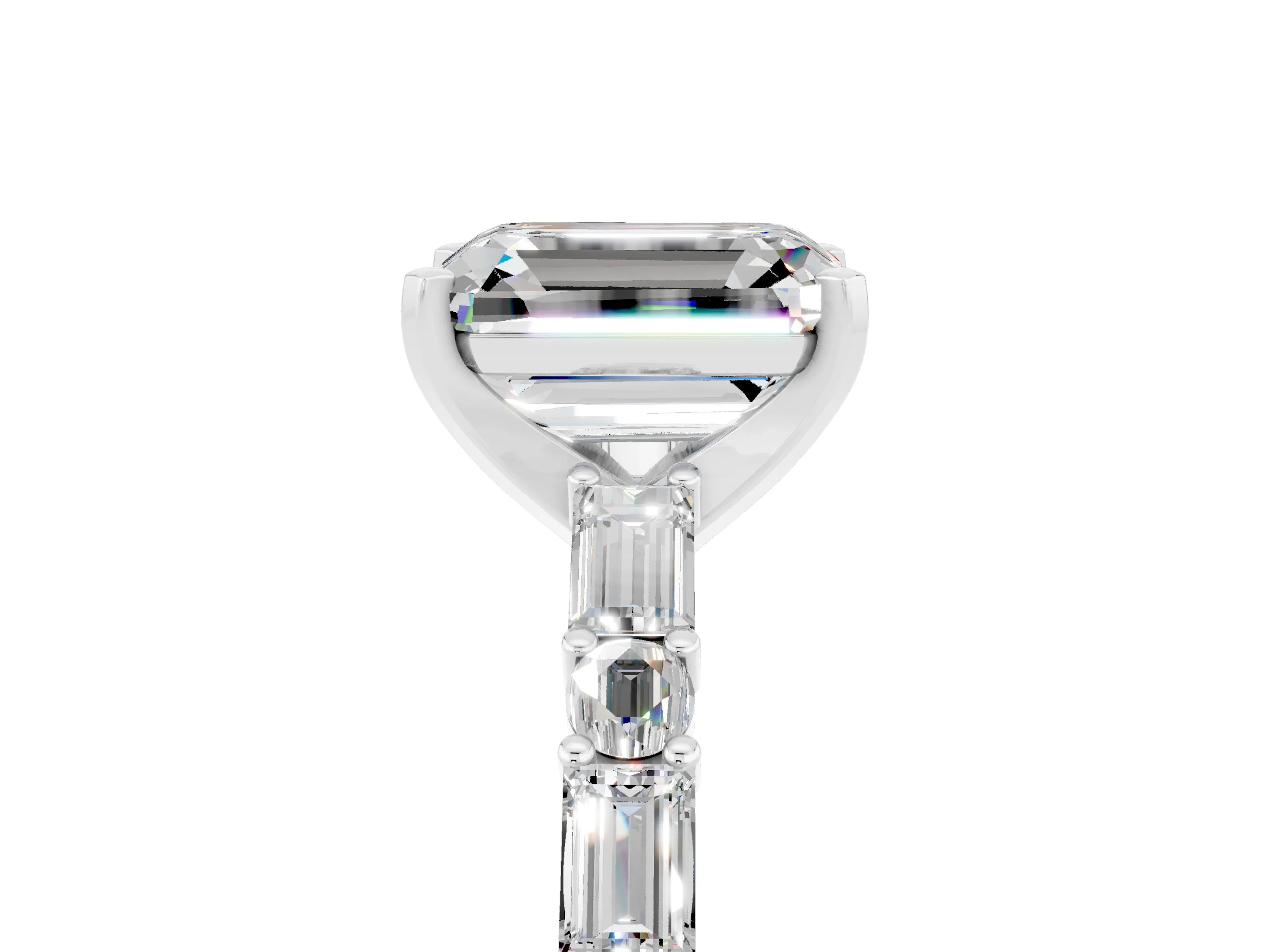 White gold Emerald Cut Moissanite Solitaire with Side Baguettes and Channel Set Band_5