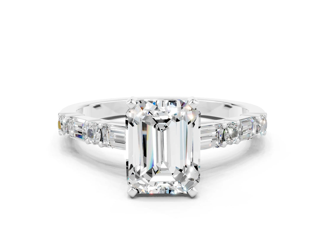White gold Emerald Cut Moissanite Solitaire with Side Baguettes and Channel Set Band