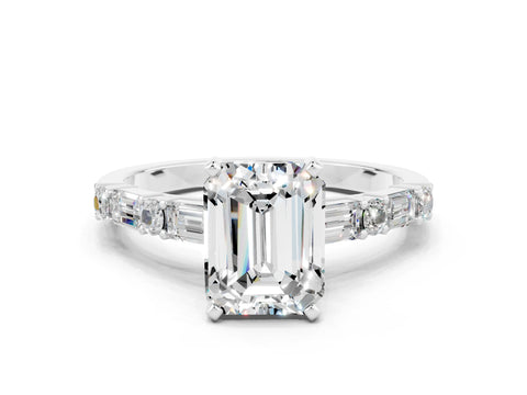 White gold Emerald Cut Moissanite Solitaire with Side Baguettes and Channel Set Band