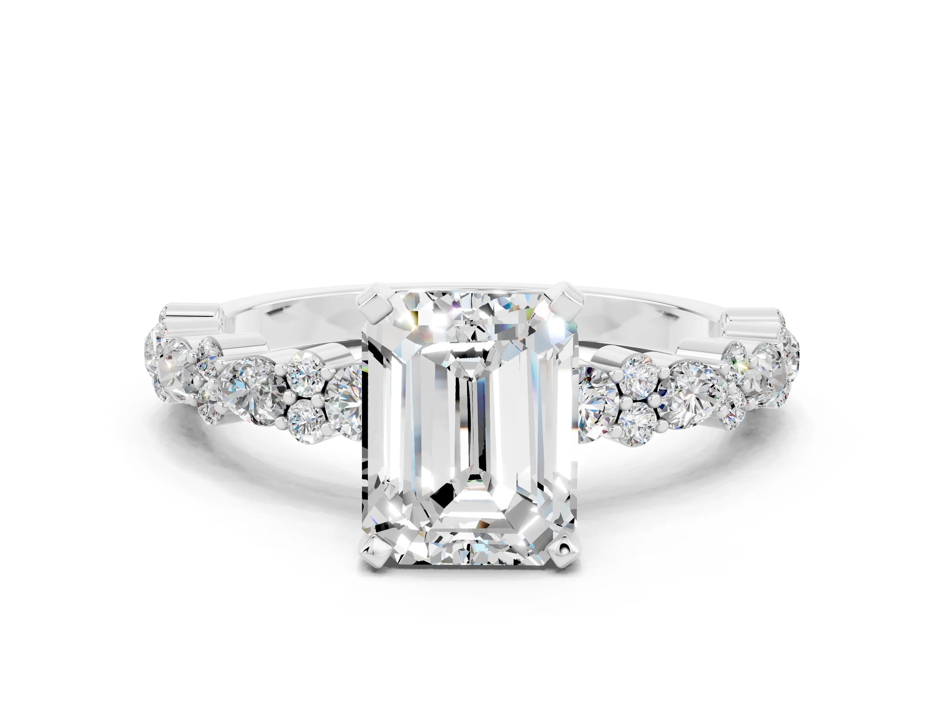White gold Emerald Cut Moissanite Solitaire with Side Stones, Pave Band, Four-Prong Setting_48
