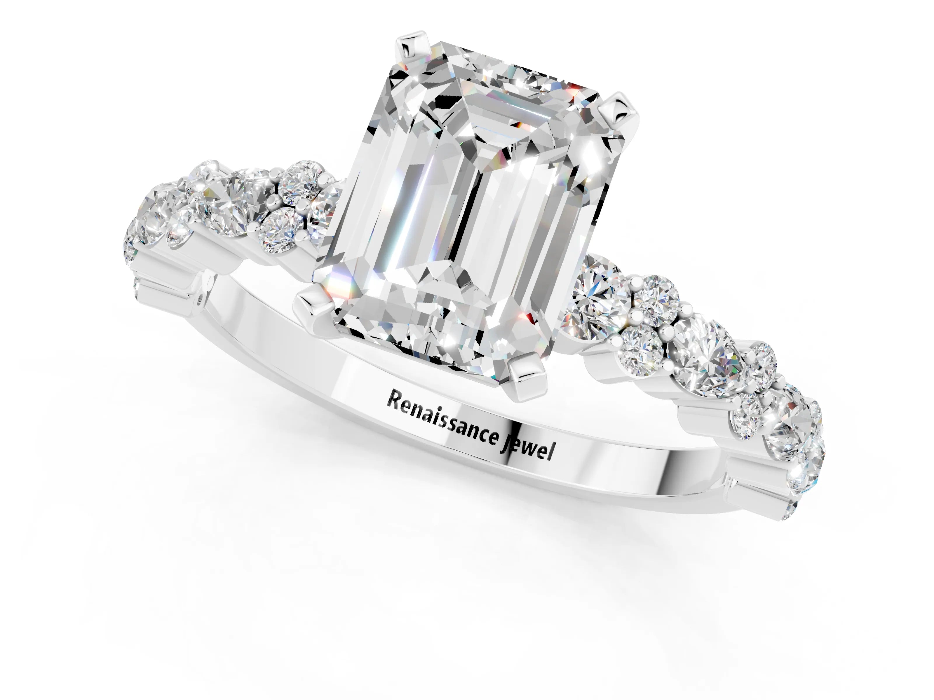 White gold Emerald Cut Moissanite Solitaire with Side Stones, Pave Band, Four-Prong Setting_49