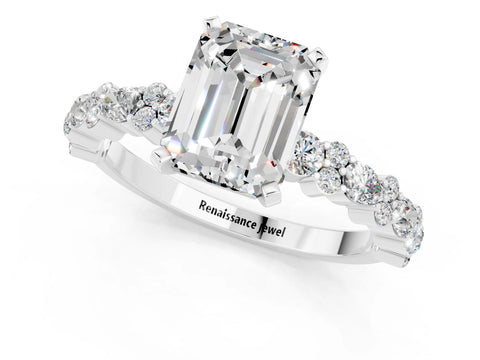 White gold Emerald Cut Moissanite Solitaire with Side Stones, Pave Band, Four-Prong Setting_49