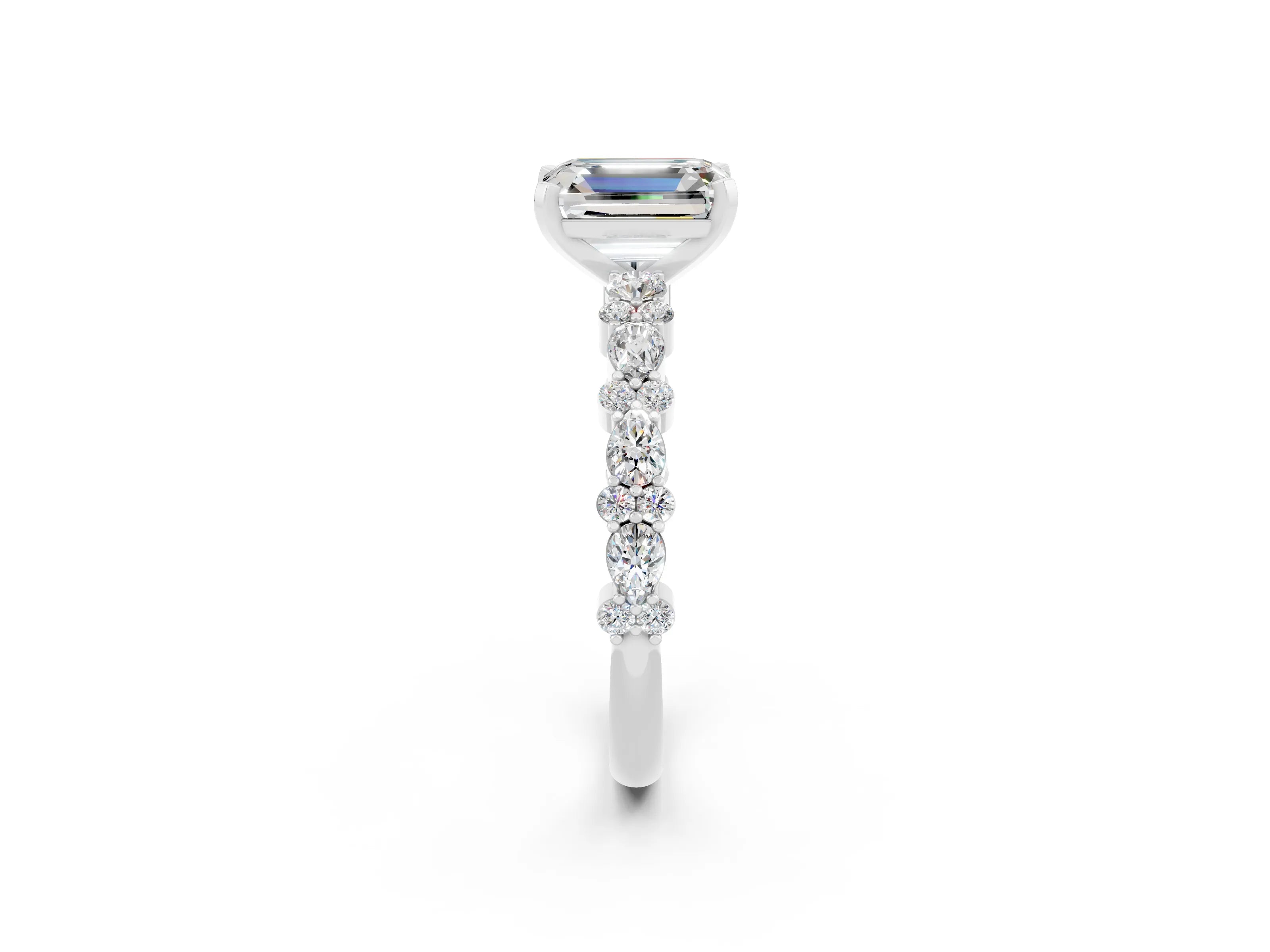 White gold Emerald Cut Moissanite Solitaire with Side Stones, Pave Band, Four-Prong Setting_50