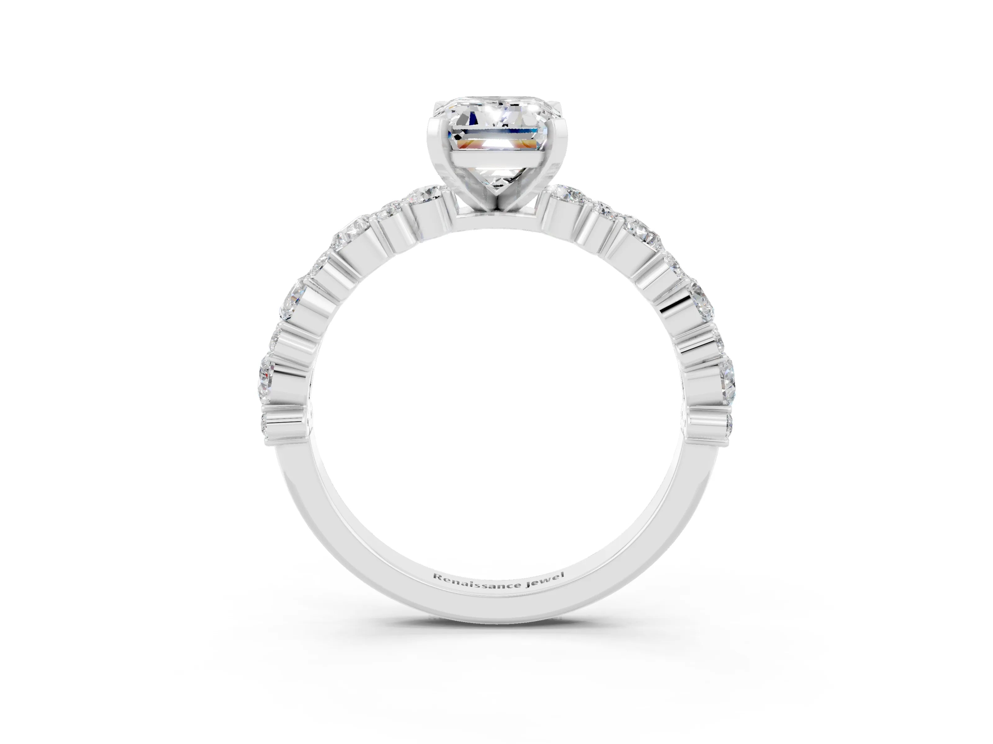 White gold Emerald Cut Moissanite Solitaire with Side Stones, Pave Band, Four-Prong Setting_51