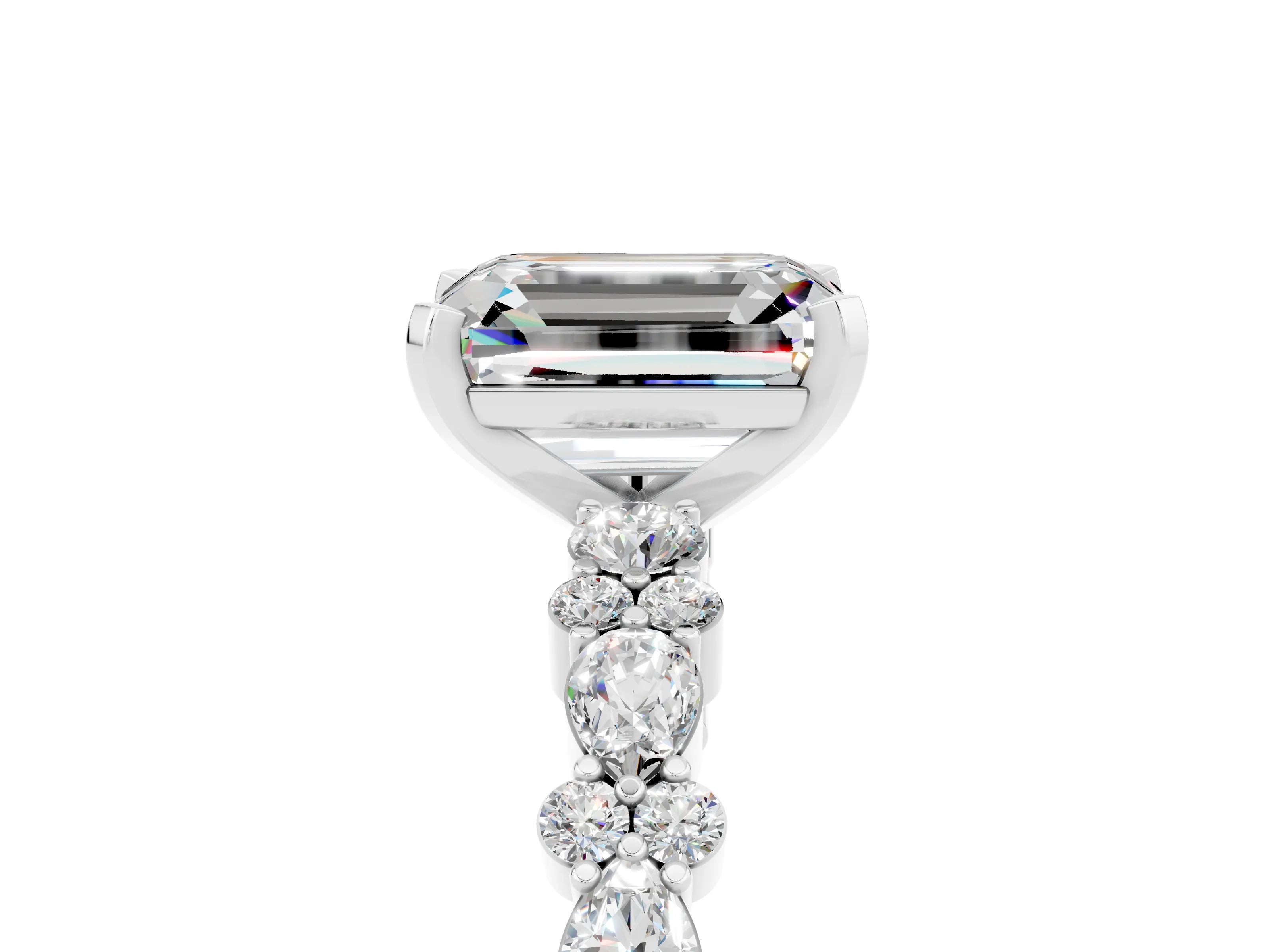 White gold Emerald Cut Moissanite Solitaire with Side Stones, Pave Band, Four-Prong Setting_53