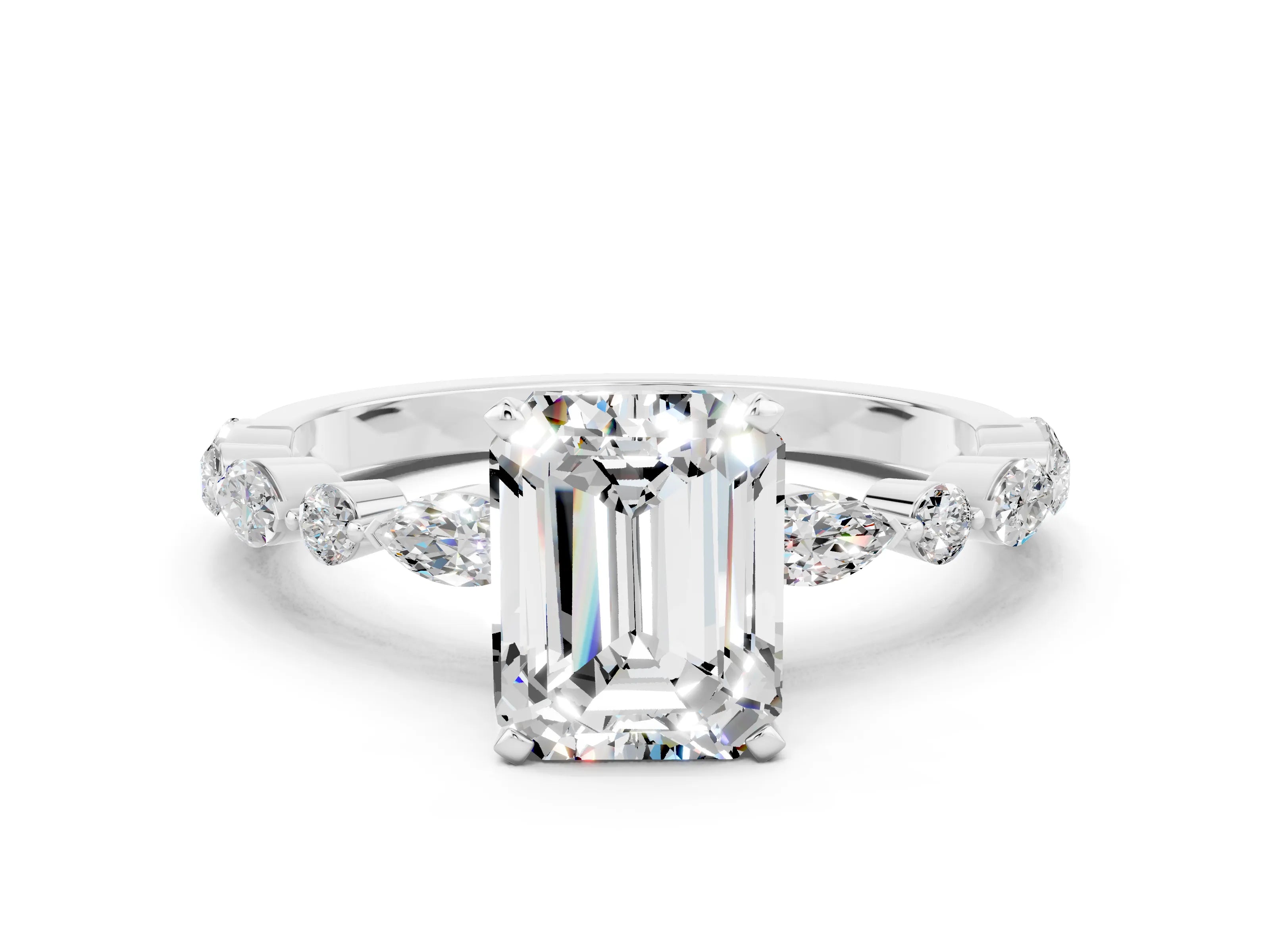 White gold Emerald Cut Moissanite Solitaire with Side Stones on a Pavé Band and Four-Prong Setting