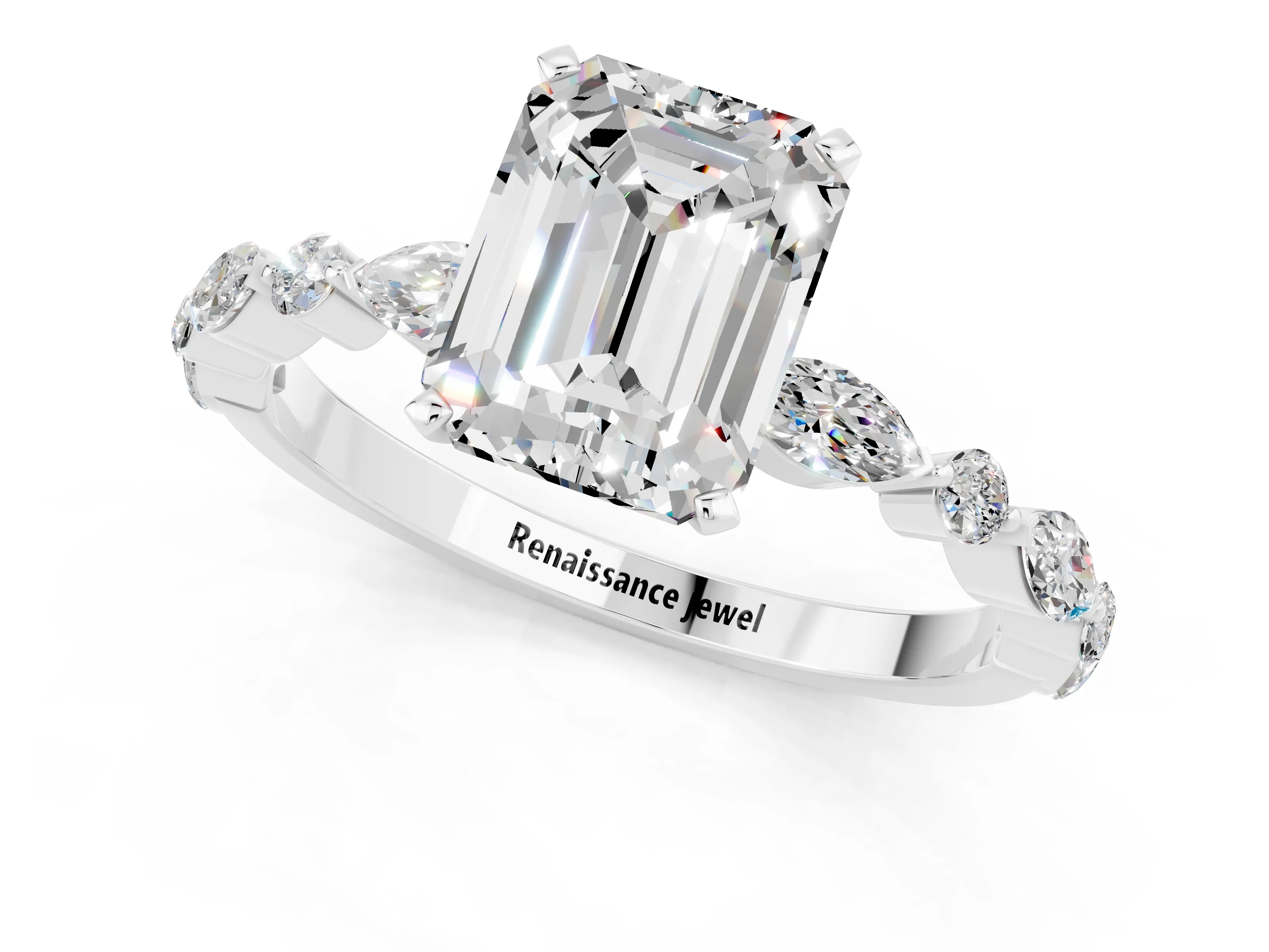 White gold Emerald Cut Moissanite Solitaire with Side Stones on a Pavé Band and Four-Prong Setting_1
