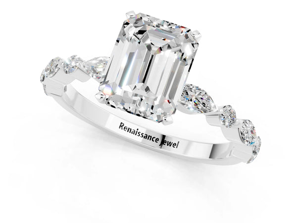 Silver Emerald Cut Moissanite Ring with Marquise and Round  Side Stones and Four-Prong Setting