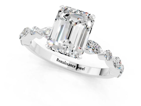 White gold Emerald Cut Moissanite Solitaire with Side Stones on a Pavé Band and Four-Prong Setting_1