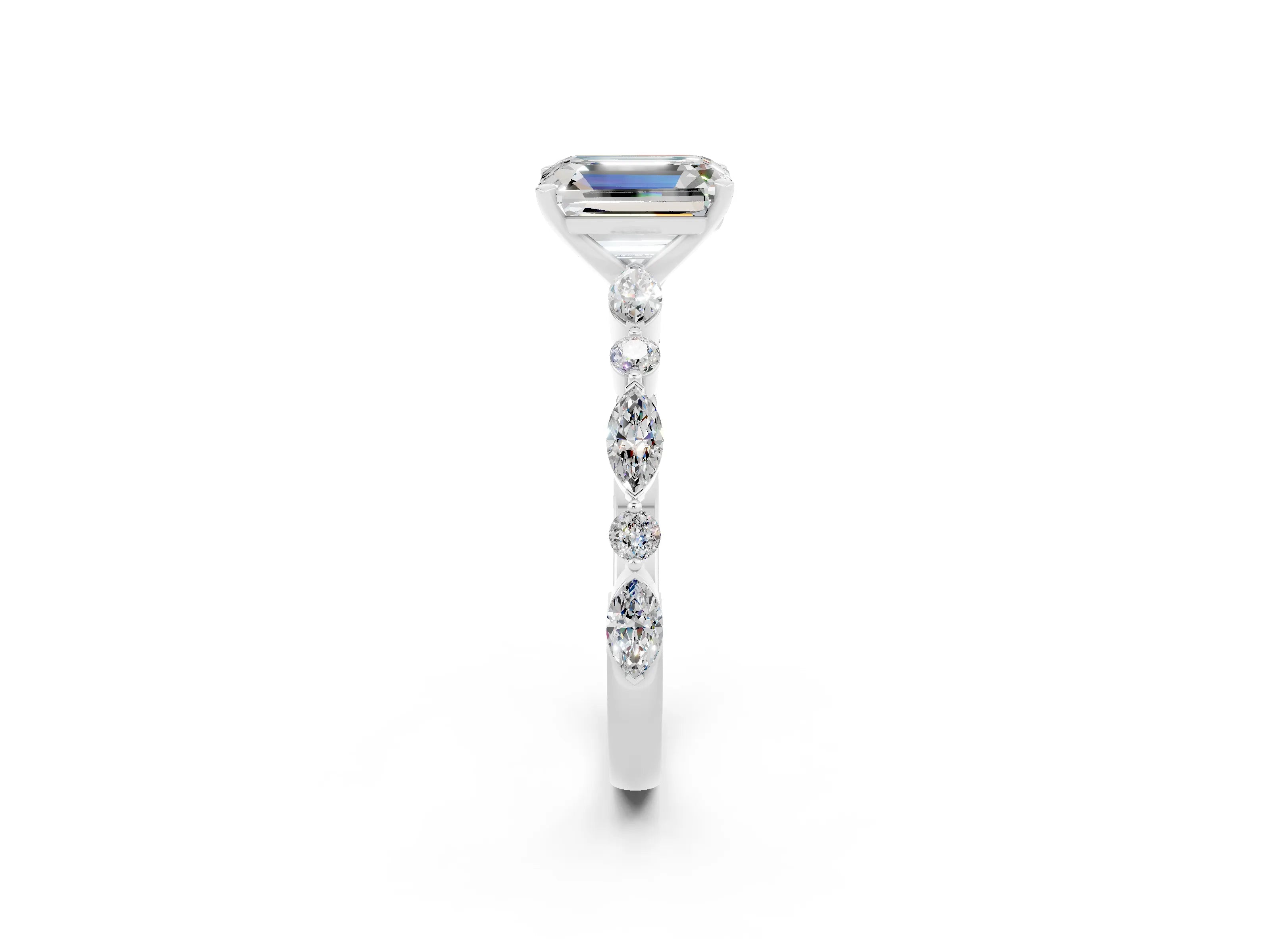 White gold Emerald Cut Moissanite Solitaire with Side Stones on a Pavé Band and Four-Prong Setting_2