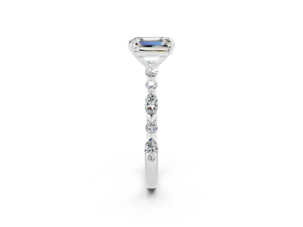Platinum Emerald Cut Moissanite Ring with Marquise and Round  Side Stones and Four-Prong Setting