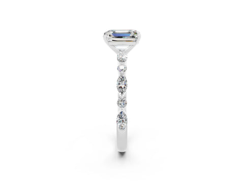 White gold Emerald Cut Moissanite Solitaire with Side Stones on a Pavé Band and Four-Prong Setting_2