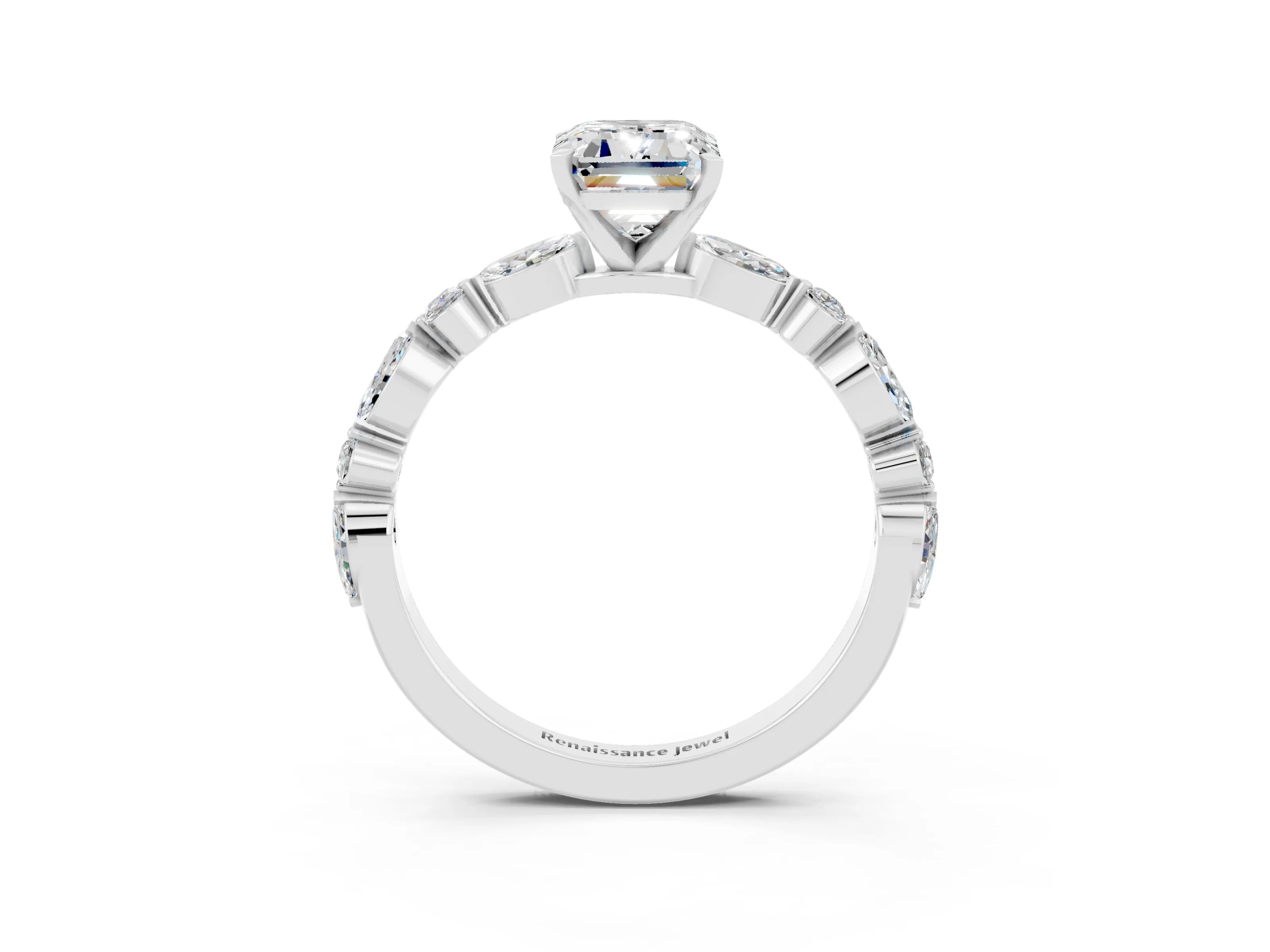 White gold Emerald Cut Moissanite Solitaire with Side Stones on a Pavé Band and Four-Prong Setting_3