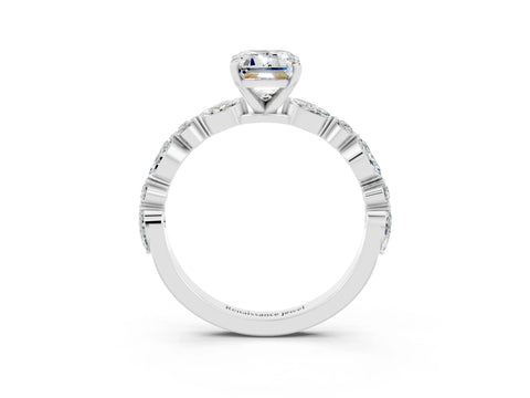White gold Emerald Cut Moissanite Solitaire with Side Stones on a Pavé Band and Four-Prong Setting_3