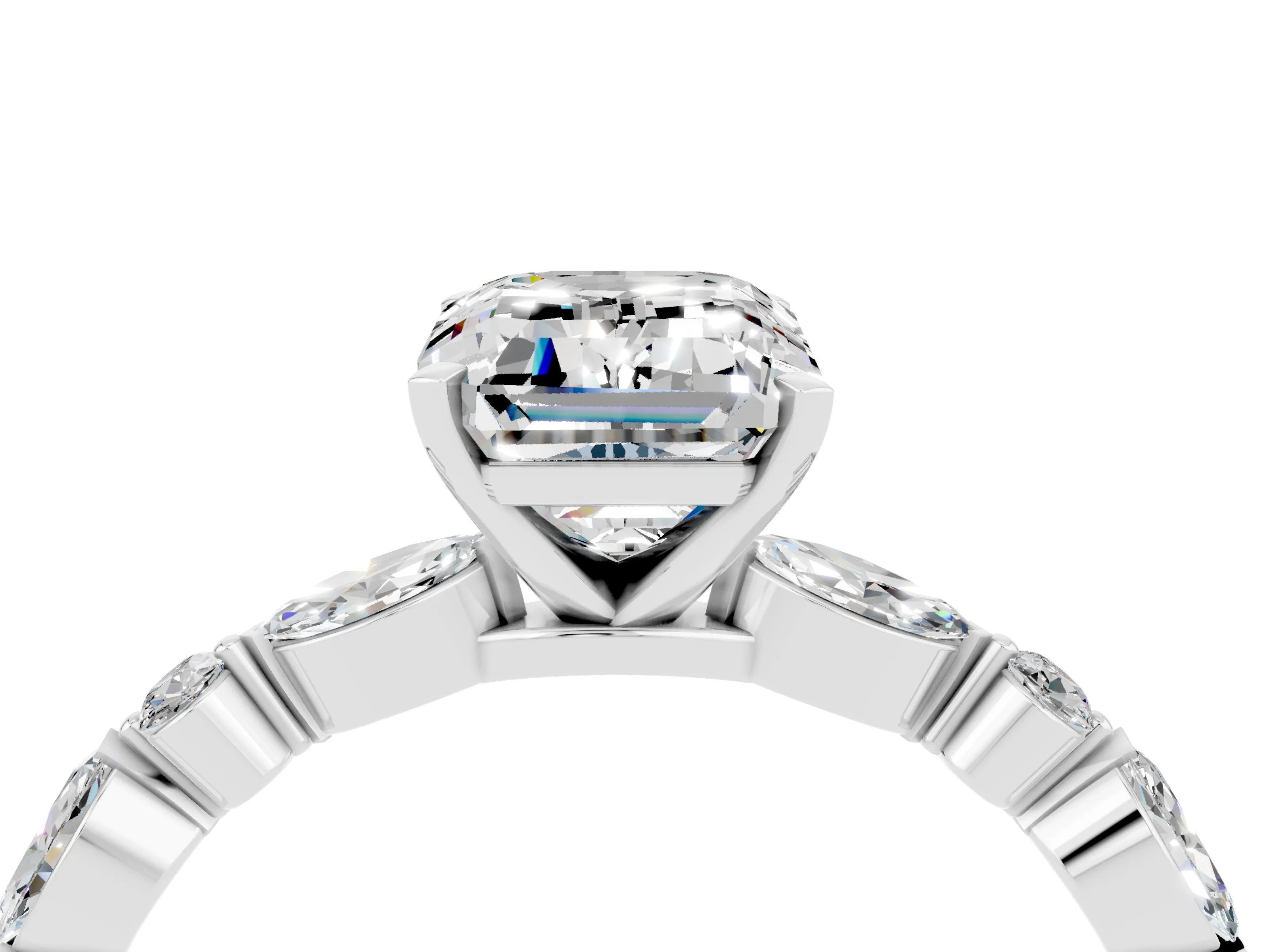 White gold Emerald Cut Moissanite Solitaire with Side Stones on a Pavé Band and Four-Prong Setting_4