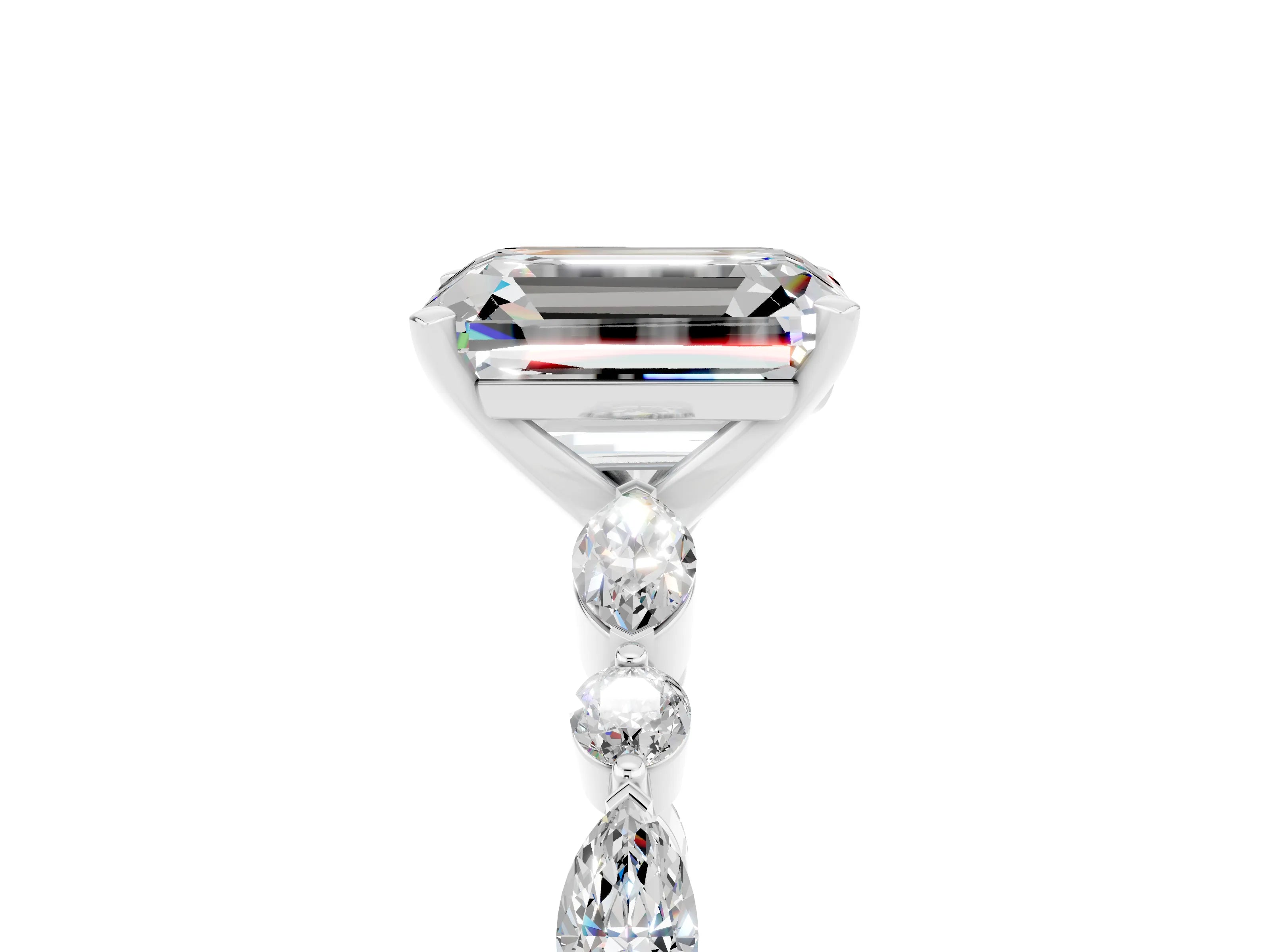 White gold Emerald Cut Moissanite Solitaire with Side Stones on a Pavé Band and Four-Prong Setting_5