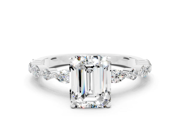 White gold Emerald Cut Moissanite Ring with Marquise and Round  Side Stones and Four-Prong Setting
