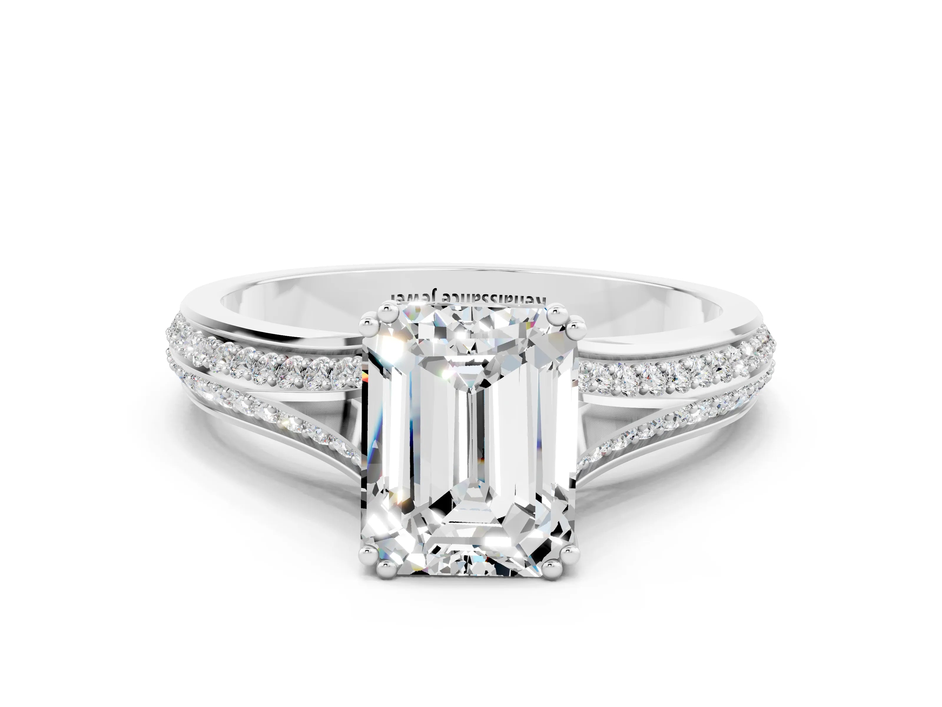 White gold Emerald Cut Moissanite Split Shank Engagement Ring with Pavé Band
