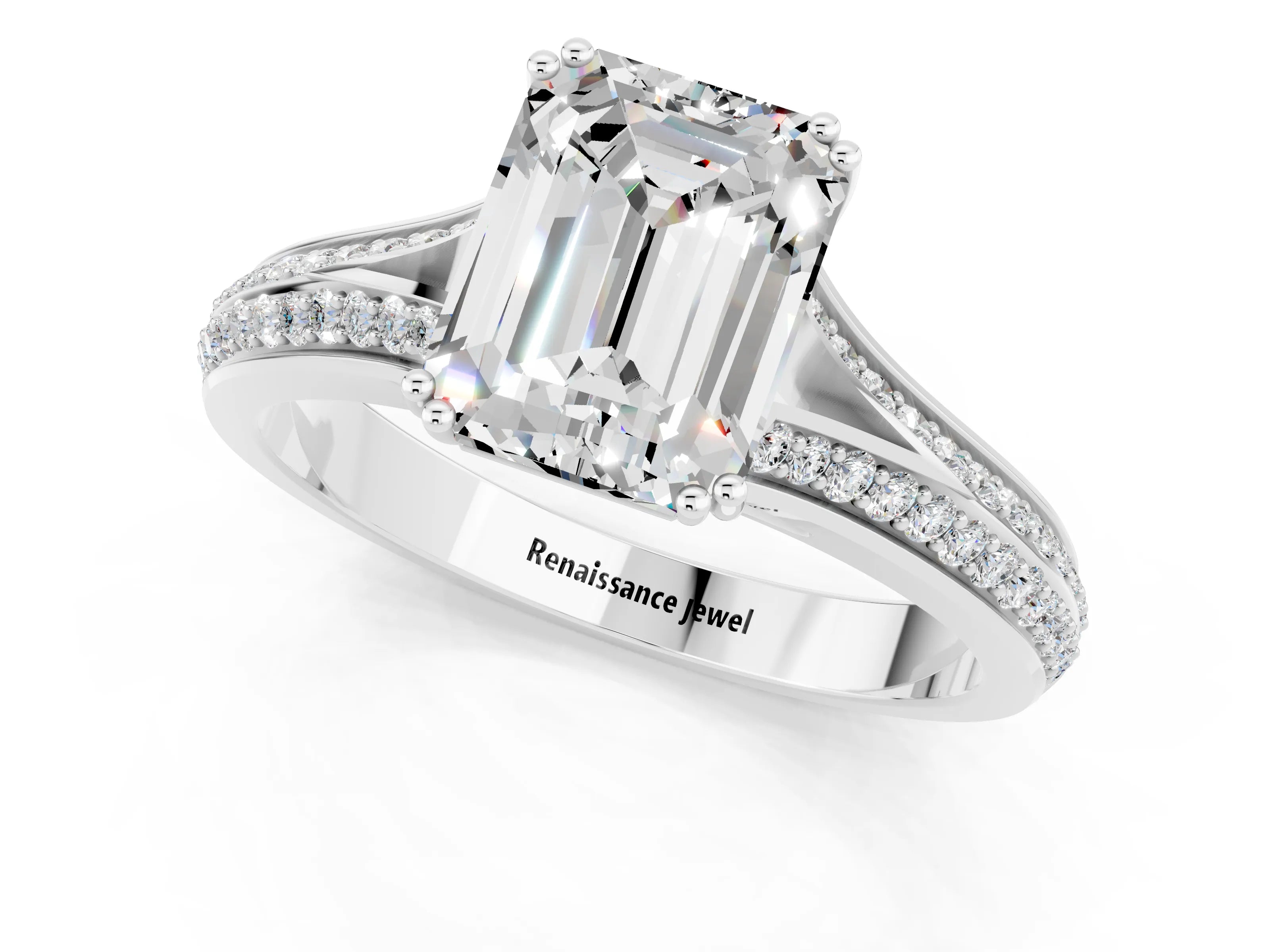 White gold Emerald Cut Moissanite Split Shank Engagement Ring with Pavé Band_1