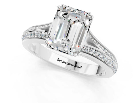 White gold Emerald Cut Moissanite Split Shank Engagement Ring with Pavé Band_1