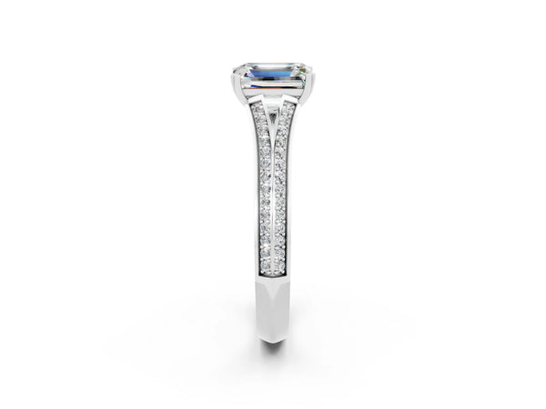 Platinum Emerald Cut Moissanite Split Shank Engagement Ring with Pavé Band