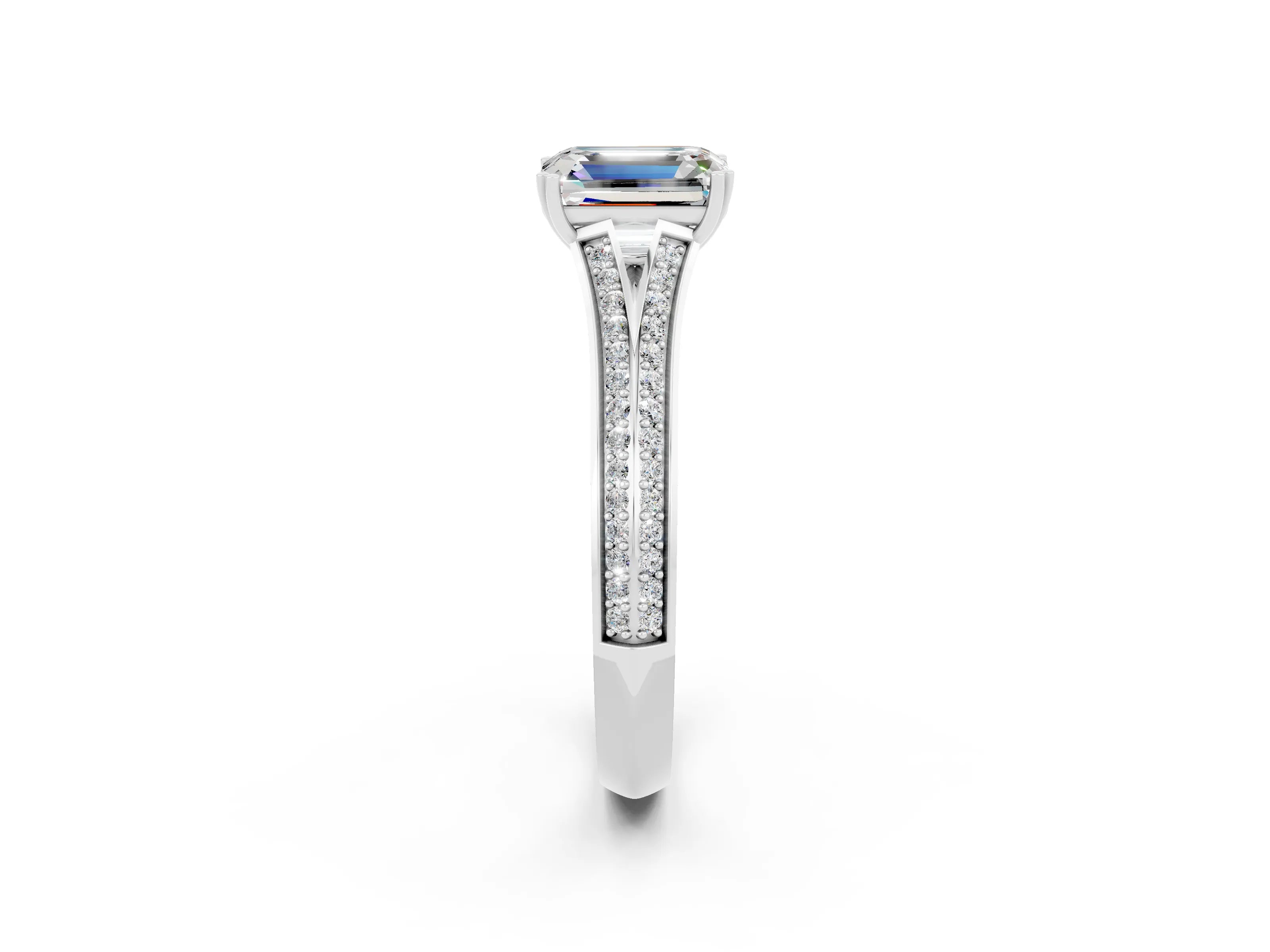 White gold Emerald Cut Moissanite Split Shank Engagement Ring with Pavé Band_2