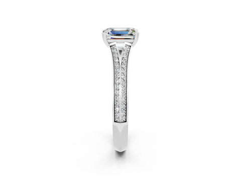 White gold Emerald Cut Moissanite Split Shank Engagement Ring with Pavé Band_2