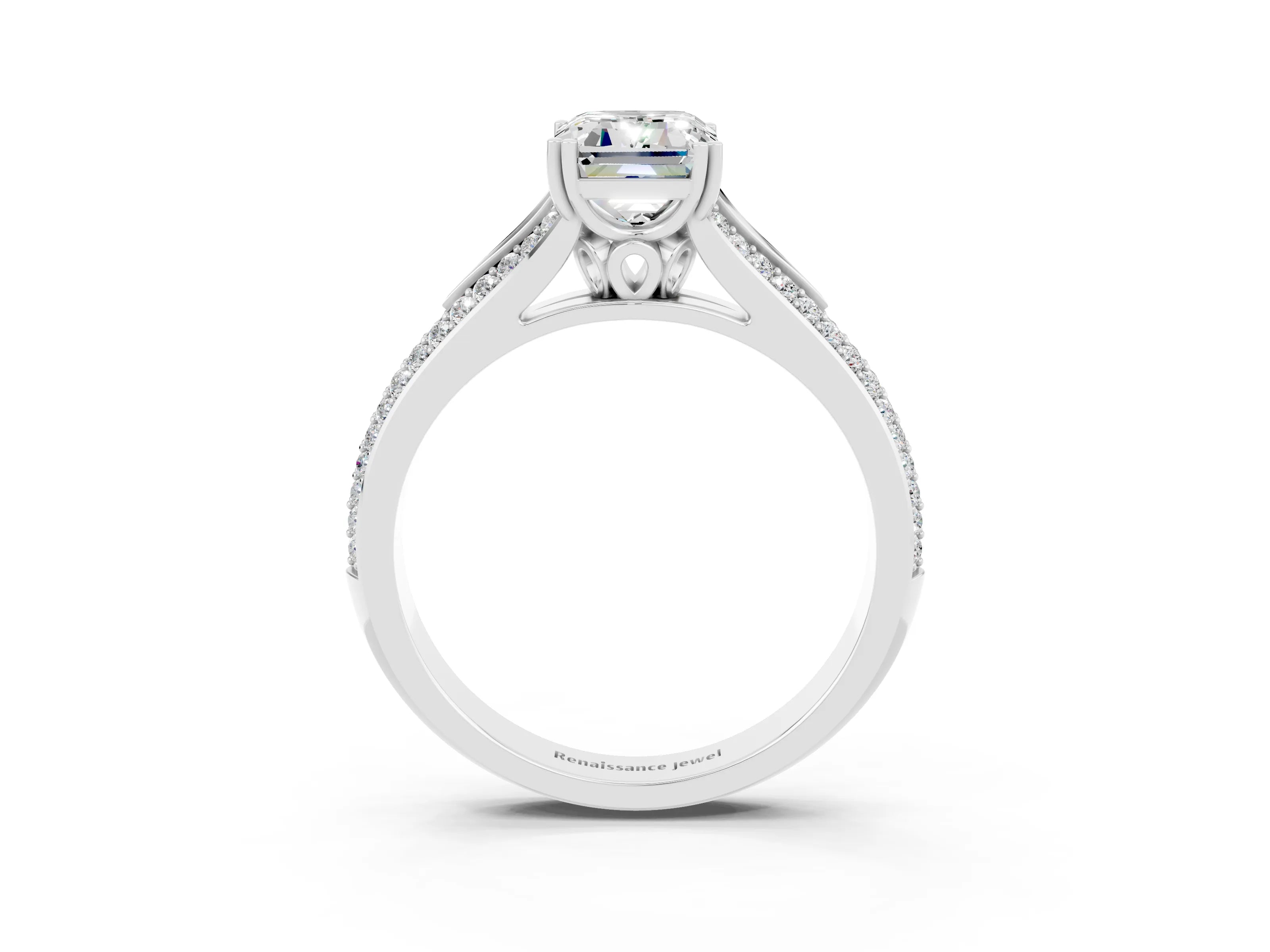 White gold Emerald Cut Moissanite Split Shank Engagement Ring with Pavé Band_3
