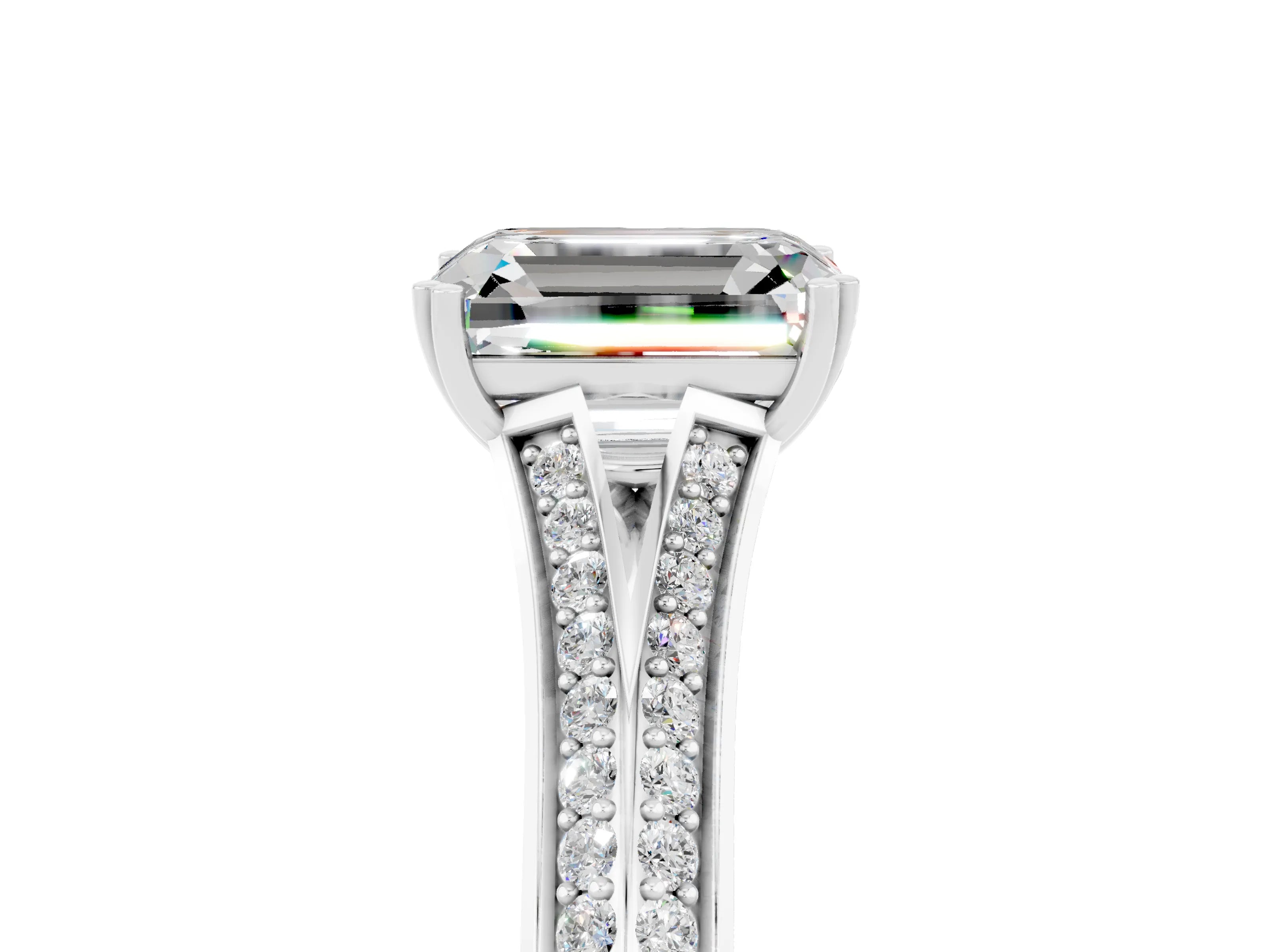 White gold Emerald Cut Moissanite Split Shank Engagement Ring with Pavé Band_5