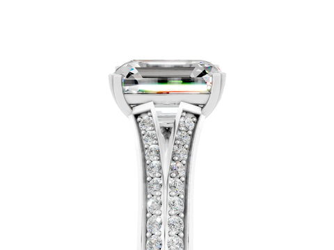 White gold Emerald Cut Moissanite Split Shank Engagement Ring with Pavé Band_5