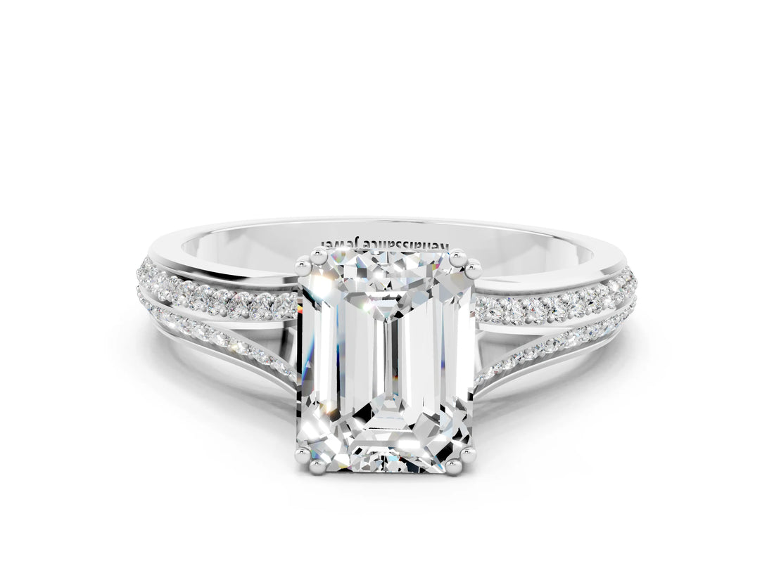 White gold Emerald Cut Moissanite Split Shank Engagement Ring with Pavé Band