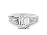 White gold Emerald Cut Moissanite Split Shank Engagement Ring with Pavé Band
