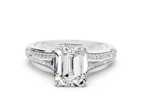 White gold Emerald Cut Moissanite Split Shank Engagement Ring with Pavé Band
