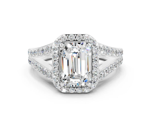 Silver Emerald Cut Moissanite Split Shank Halo Ring with Four-Prong Setting