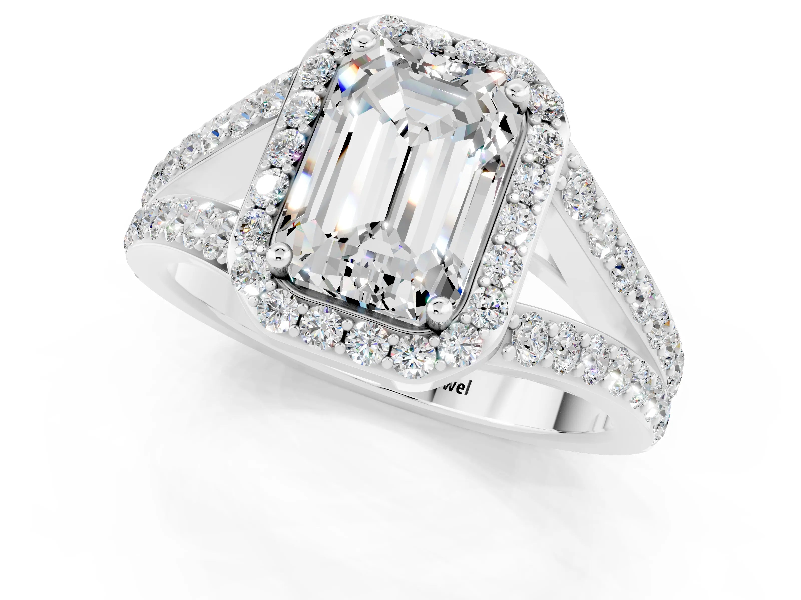 White gold Emerald Cut Moissanite Split Shank Halo Ring with Four-Prong Setting_13