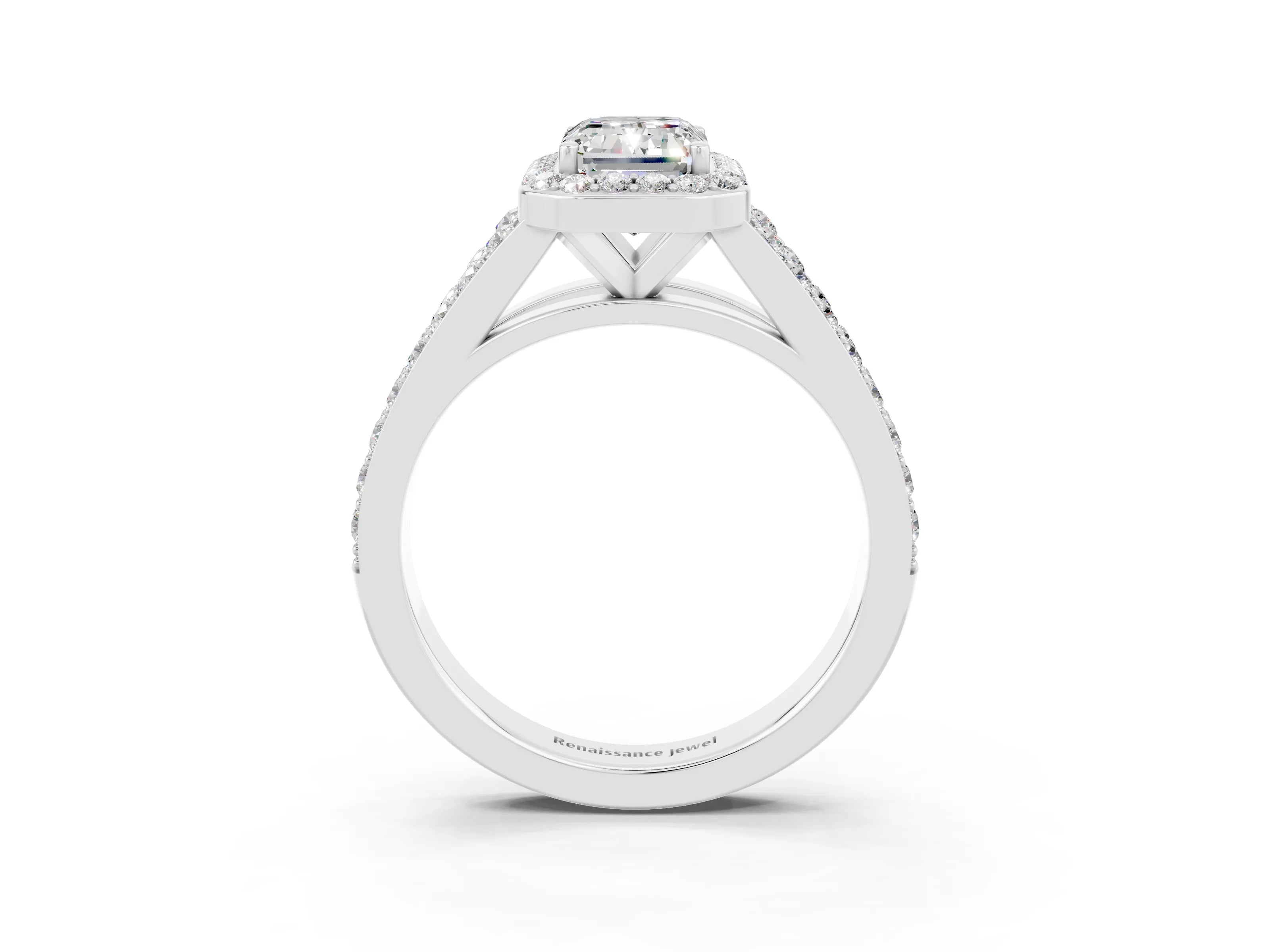 White gold Emerald Cut Moissanite Split Shank Halo Ring with Four-Prong Setting_15