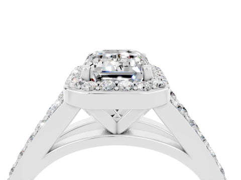 White gold Emerald Cut Moissanite Split Shank Halo Ring with Four-Prong Setting_16