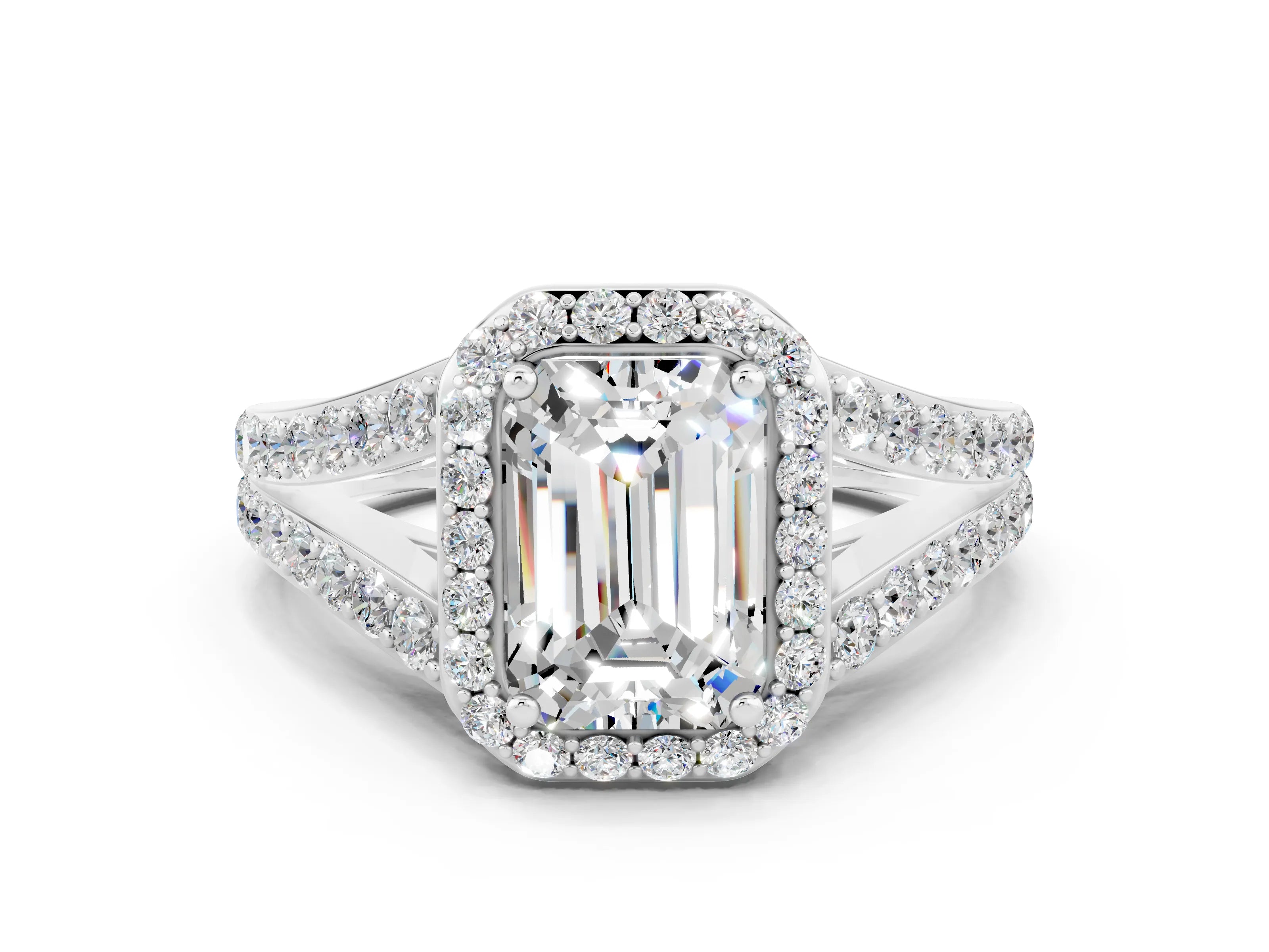 White gold Emerald Cut Moissanite Split Shank Halo Ring with Four-Prong Setting_24