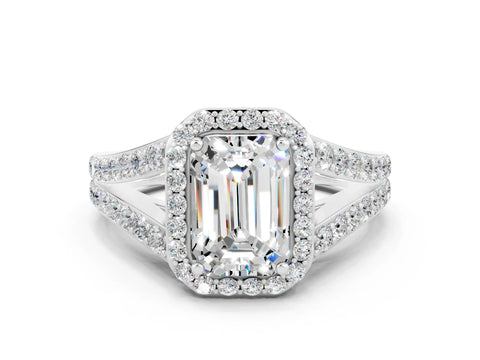 White gold Emerald Cut Moissanite Split Shank Halo Ring with Four-Prong Setting_24